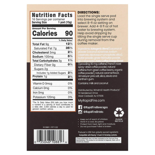 RAPIDFIRE, Keto Coffee Pod, карамель макиато, средней обжарки, 16 капсул, 240 г (8,46 унции)