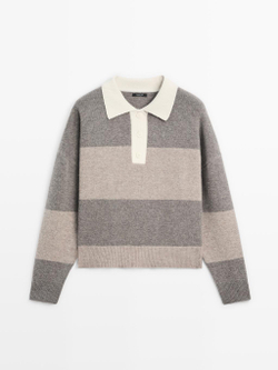 Massimo Dutti Свитер поло из смесовой шерсти в полоску, кротово-коричневый
