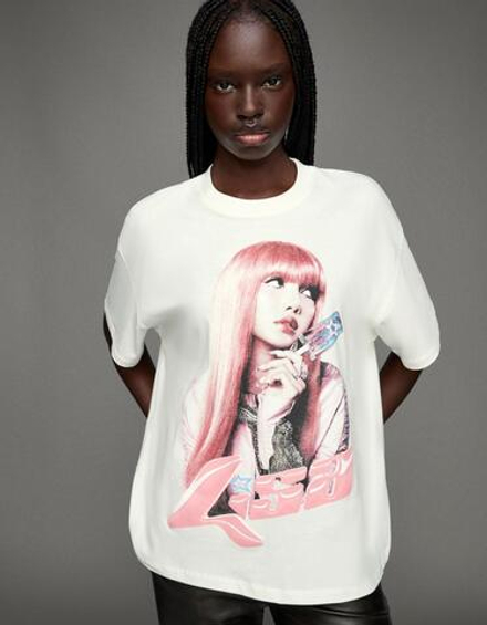 BERSHKA Футболка с коротким рукавом и принтом Lisa, белый