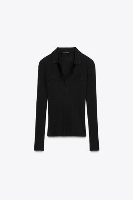 ZARA ФУТБОЛКА В РУБЧИК С ВОРОТНИКОМ ПОЛО, ЧЕРНЫЙ