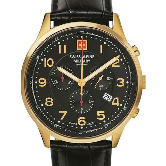 С ремешком Мужские наручные часы с черным кожаным ремешком Swiss Alpine Military 7084.9517 Chronograph 43mm 10ATM