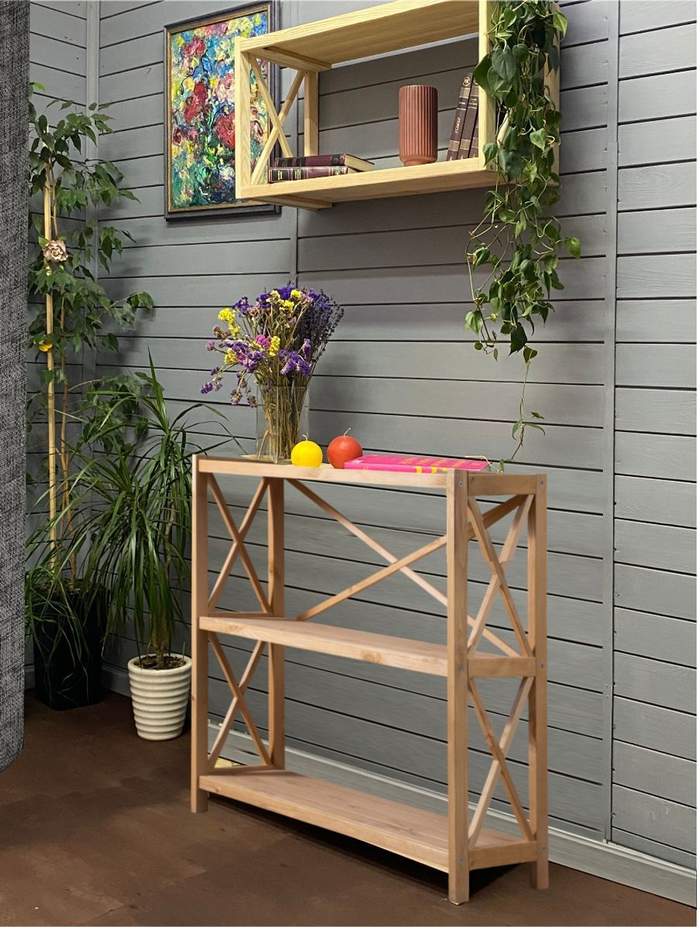 Стеллаж деревянный напольный Юск из массива сосны 3 полки, бейц