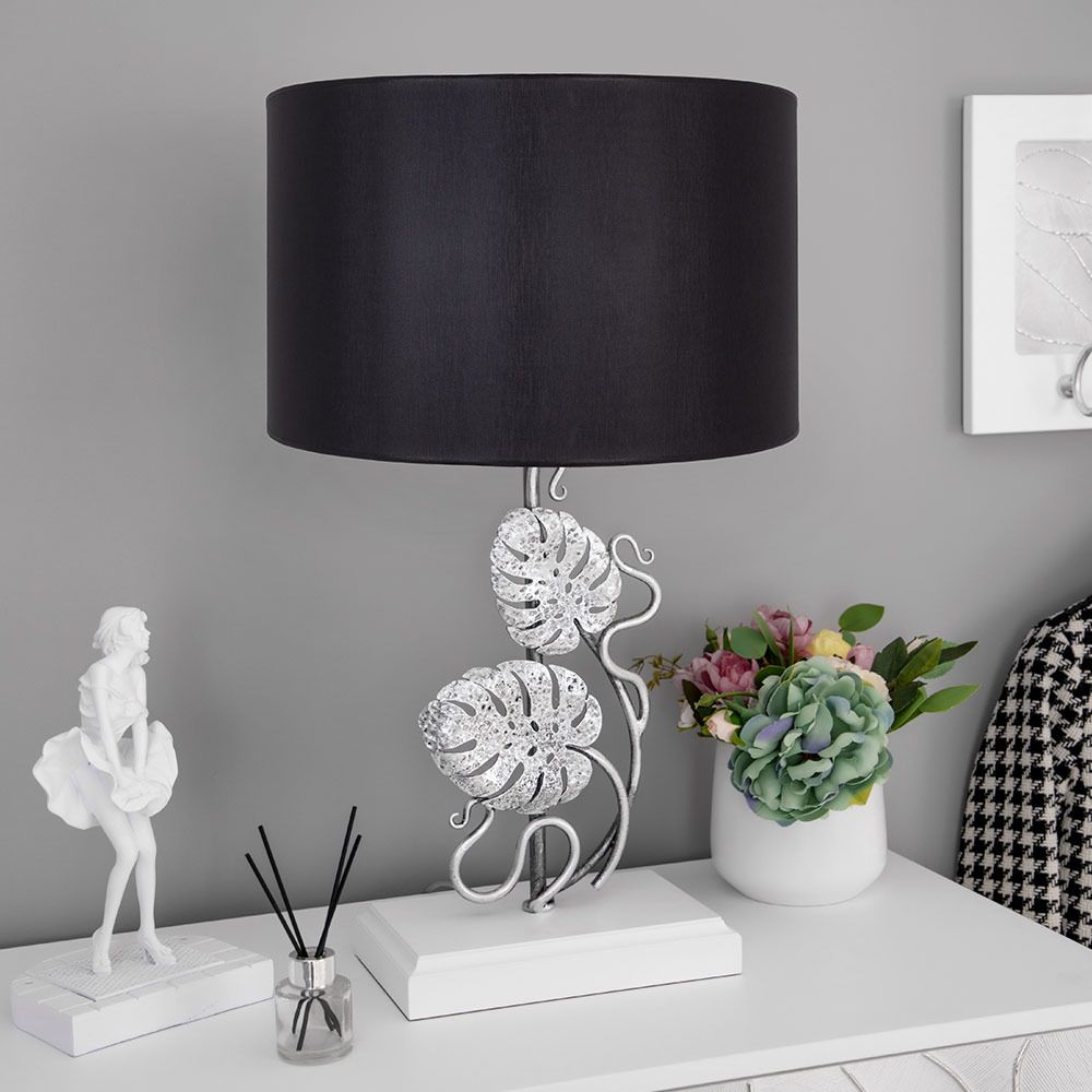 Настольная лампа Monstera Deliciosa (Монстера) Айс Античное серебро с абажуром Vintage Черный