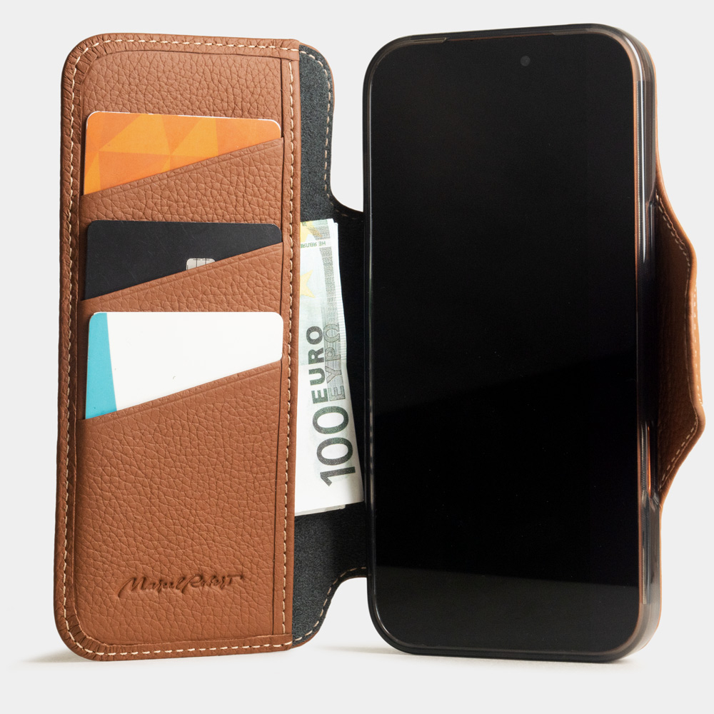 Чехол с картхолдером для iPhone 17 Pro Max из кожи теленка, цвета карамель