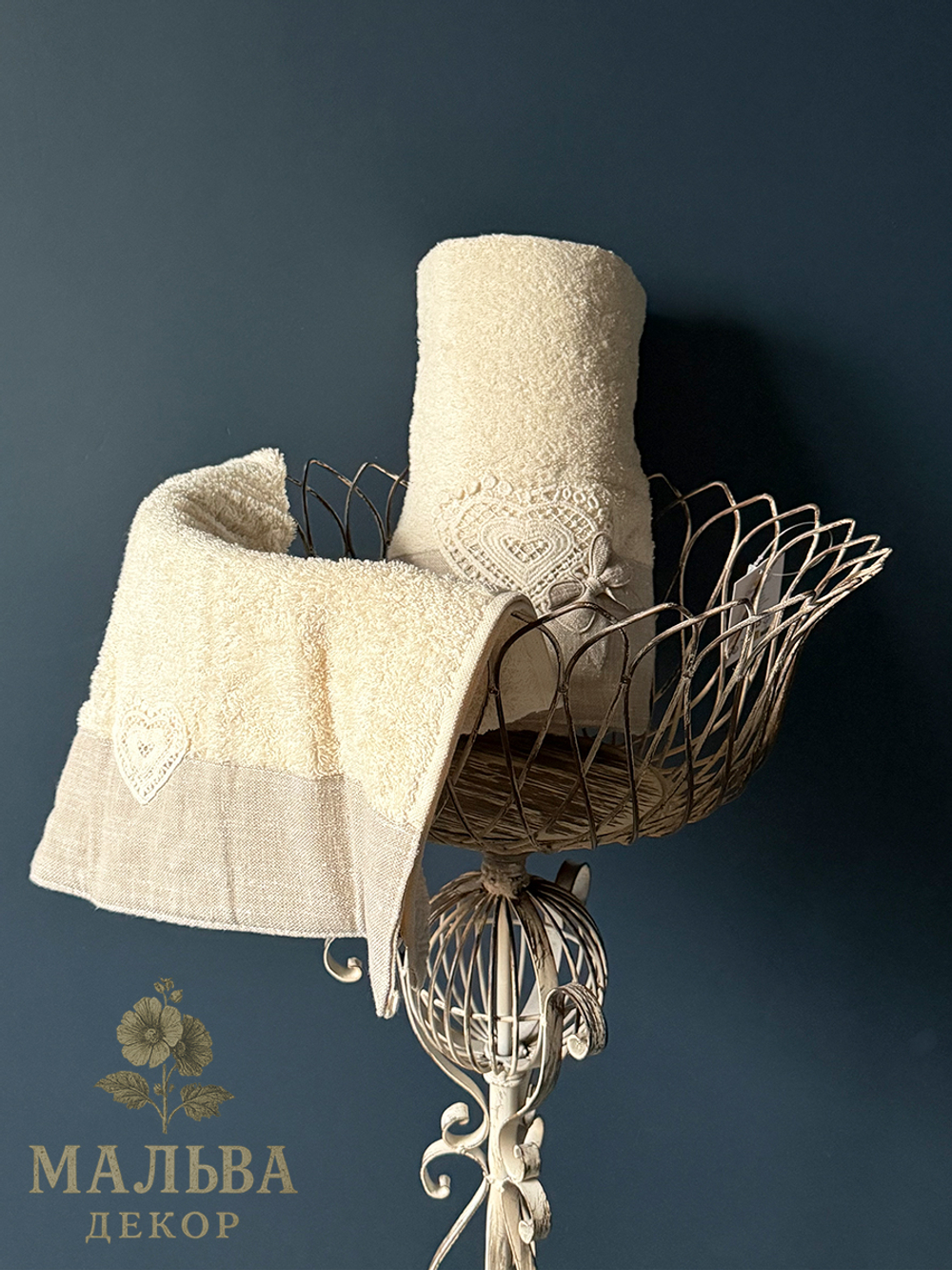 Набор из 2-х полотенец для декора "Паулония" кремовый 38х58см/55x104 см с кружевом