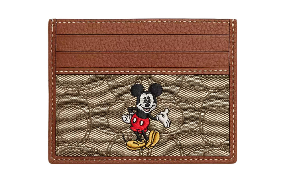 COACH Disney Collaboration Card Case Jacquard With Pebbled Leather Card Holder Unisex Brass Khaki