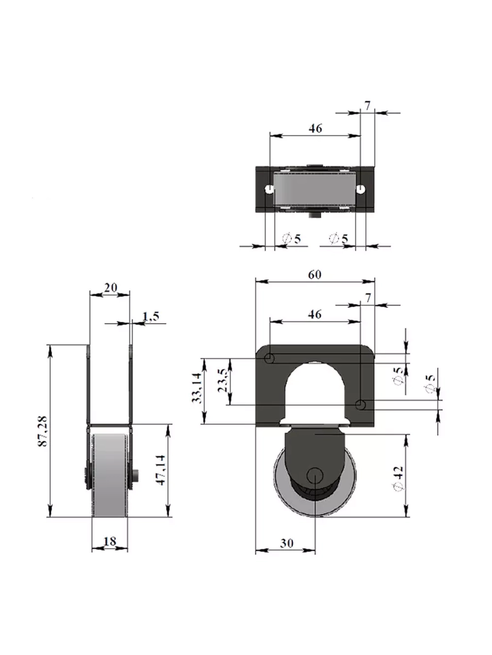 Опора роликовая 5522 с резиновым колесом d42 мм, 2 шт