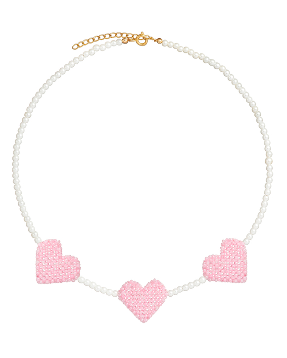 Колье жемчуг, 3 бисерных сердца