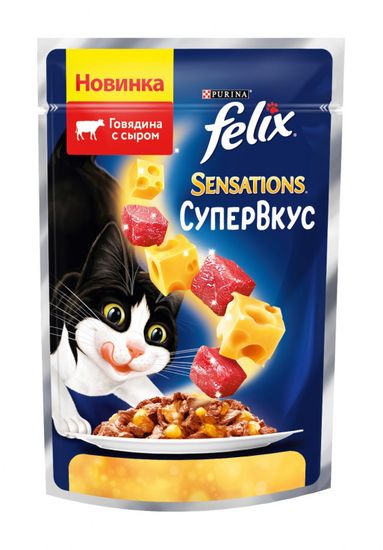 Purina Felix Sensations Супер Вкус влажный корм для кошек Говядина с сыром 75 гр