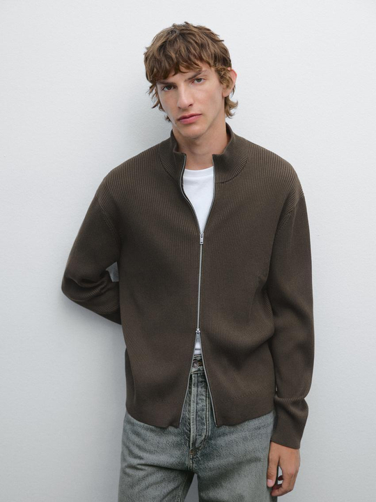 Massimo Dutti Кардиган из 100% хлопка с застежкой-молнией, серо-зеленый