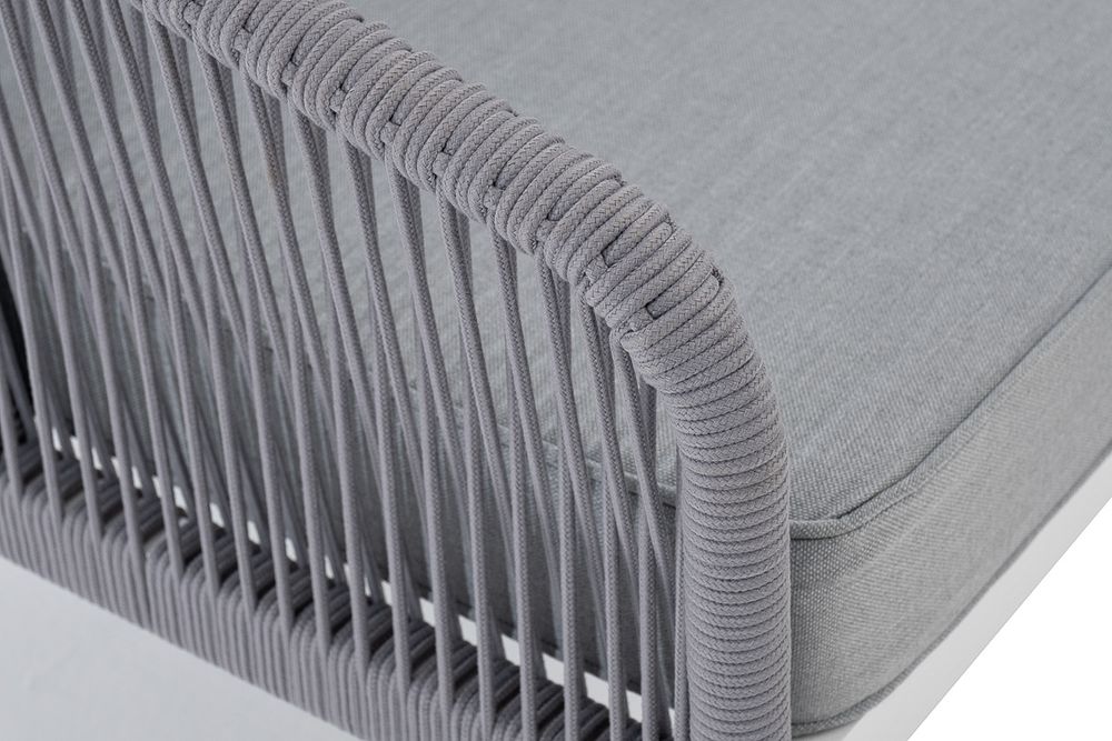 "Канны" диван модульный плетеный из роупа, каркас алюминий белый, роуп светло-серый круглый, ткань светло-серая