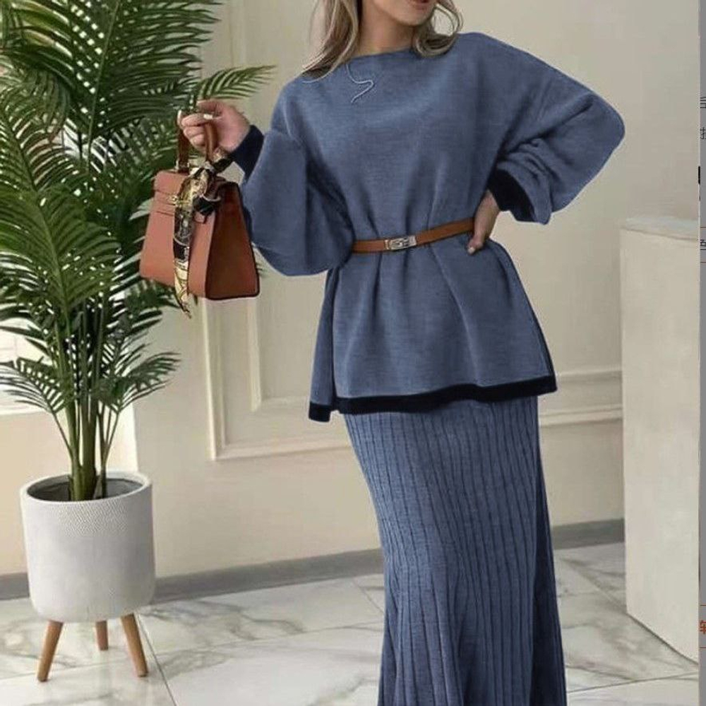 Вязаный женский костюм-двойка: джемпер с ремнем и юбка макси