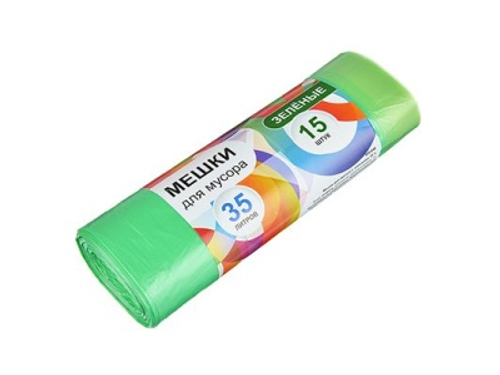 Мешки для мусора  35л, 15шт зеленые, стандарт, с завязками