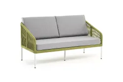 "Канны" диван 2-местный плетеный из роупа, каркас алюминий светло-серый (RAL7035) муар, роуп салатовый меланж круглый, ткань светло-серая