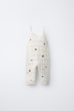 ZARA ТРИКОТАЖНЫЙ КОМБИНЕЗОН С ВЫШИТЫМИ ЦВЕТАМИ, ЭКРЮ