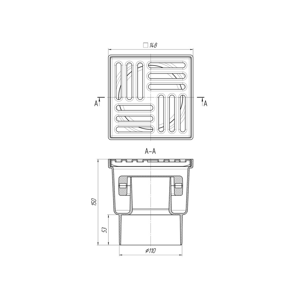 110 трап с вертик. спуском, н/рег решетка 150х150 нерж СУХОЙ АНИ пласт TQ1212