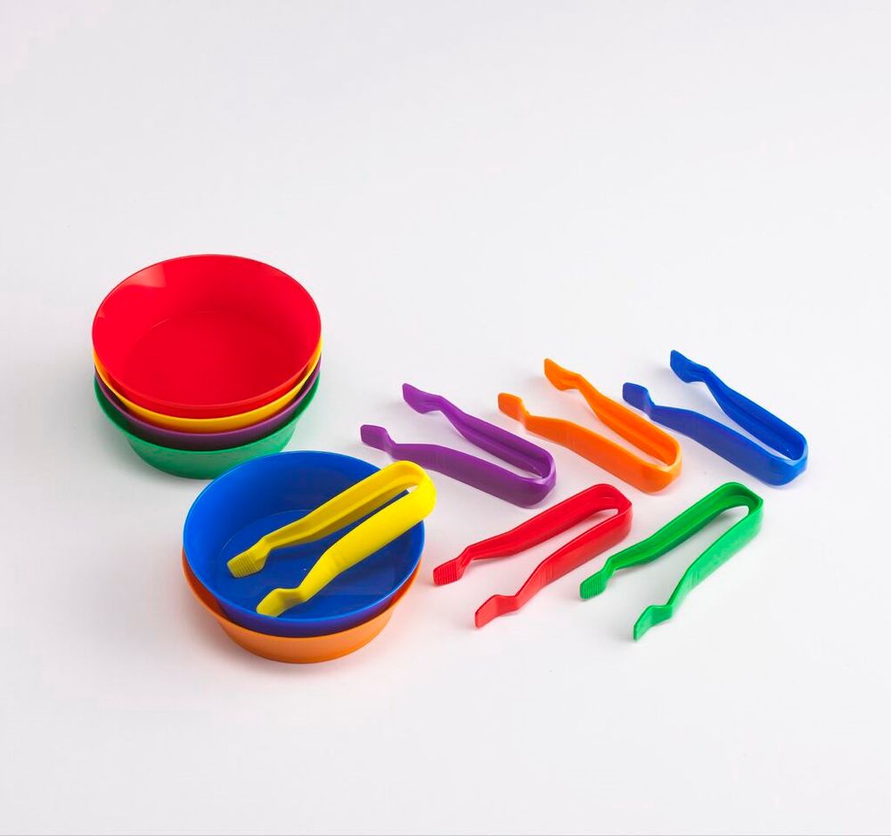 Чашки и пинцеты. Набор для сортировки (12 предметов, 6 цветов).