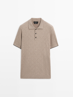Massimo Dutti Свитер поло из смесового хлопка с узором «косы», бежевый