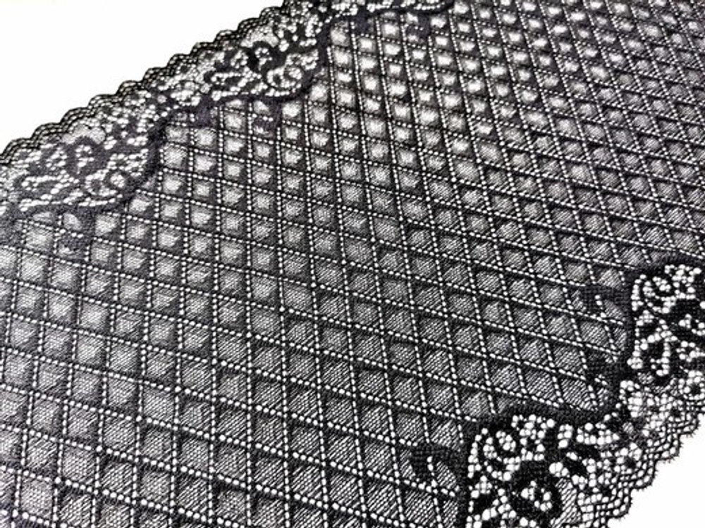 Эластичное кружево, черное с серебристыми ромбами, 23см (Артикул: EK-1021), м