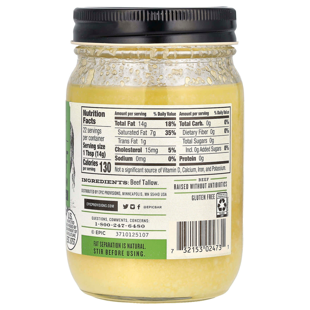 Epic Bar, Топленый говяжий жир травяного откорма, 312 г (11 унций)