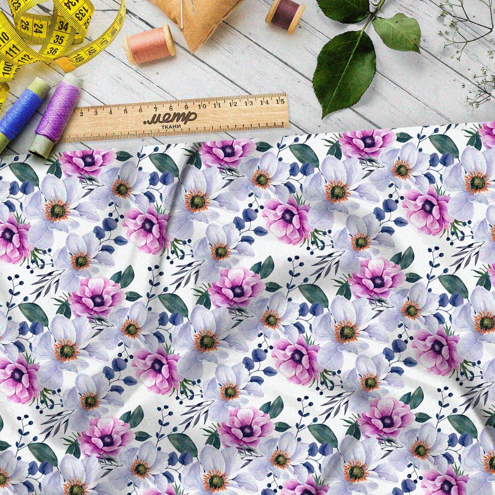 Ткань дюспо поляна из белых и розовых цветов