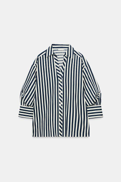 ZARA РУБАШКА ИЗ СМЕСОВОГО ЛЬНА С ОБЪЕМНЫМИ РУКАВАМИ, СИНИЙ/БЕЛЫЙ