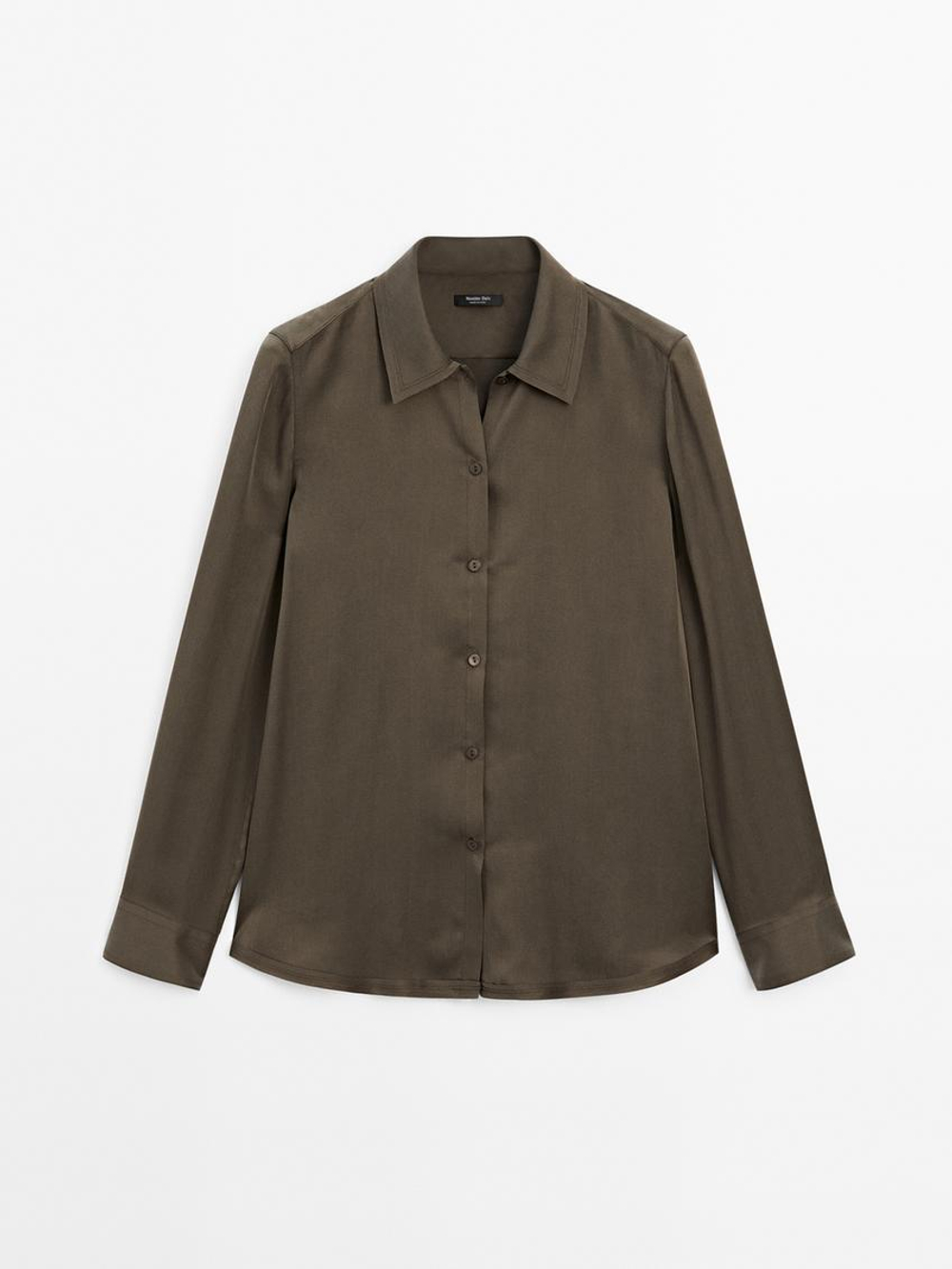 Massimo Dutti Атласная рубашка из смесового шелка, кротово-коричневый