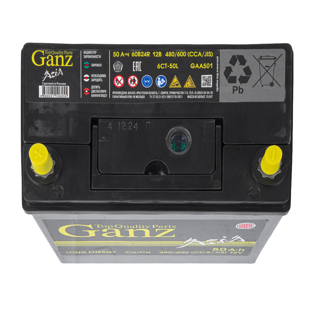 Аккумулятор GANZ ASIA 50 А/ч прямой L+ 238x129x225 B24 EN 480 А