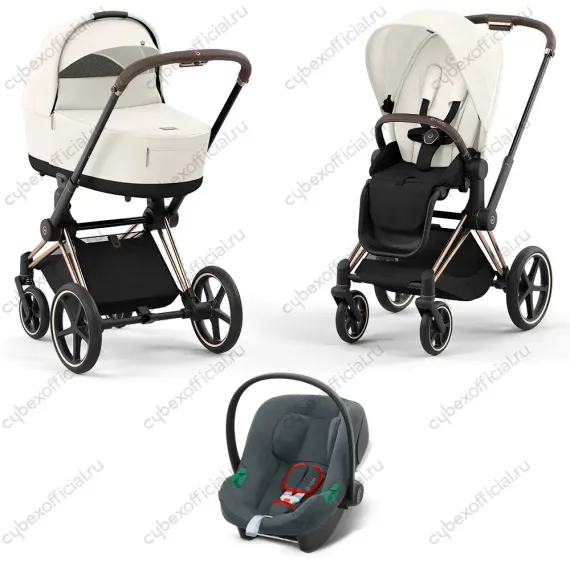 Детская коляска Cybex Priam IV 3 в 1 Off White шасси Rosegold автокресло Aton B i-Size