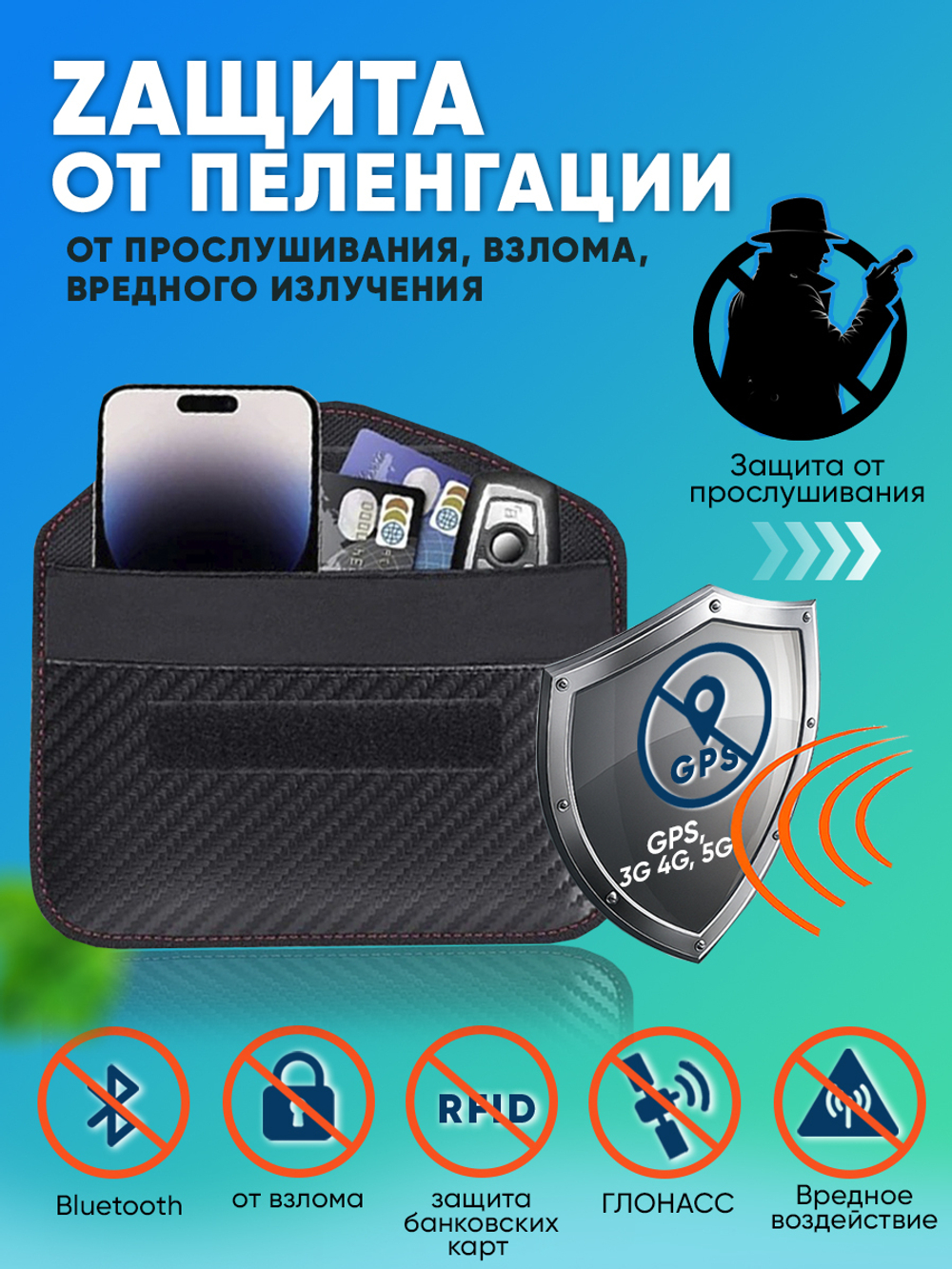 Чехол Фарадея для блокировки сигнала транспондера, смартфона и GPS (черный)