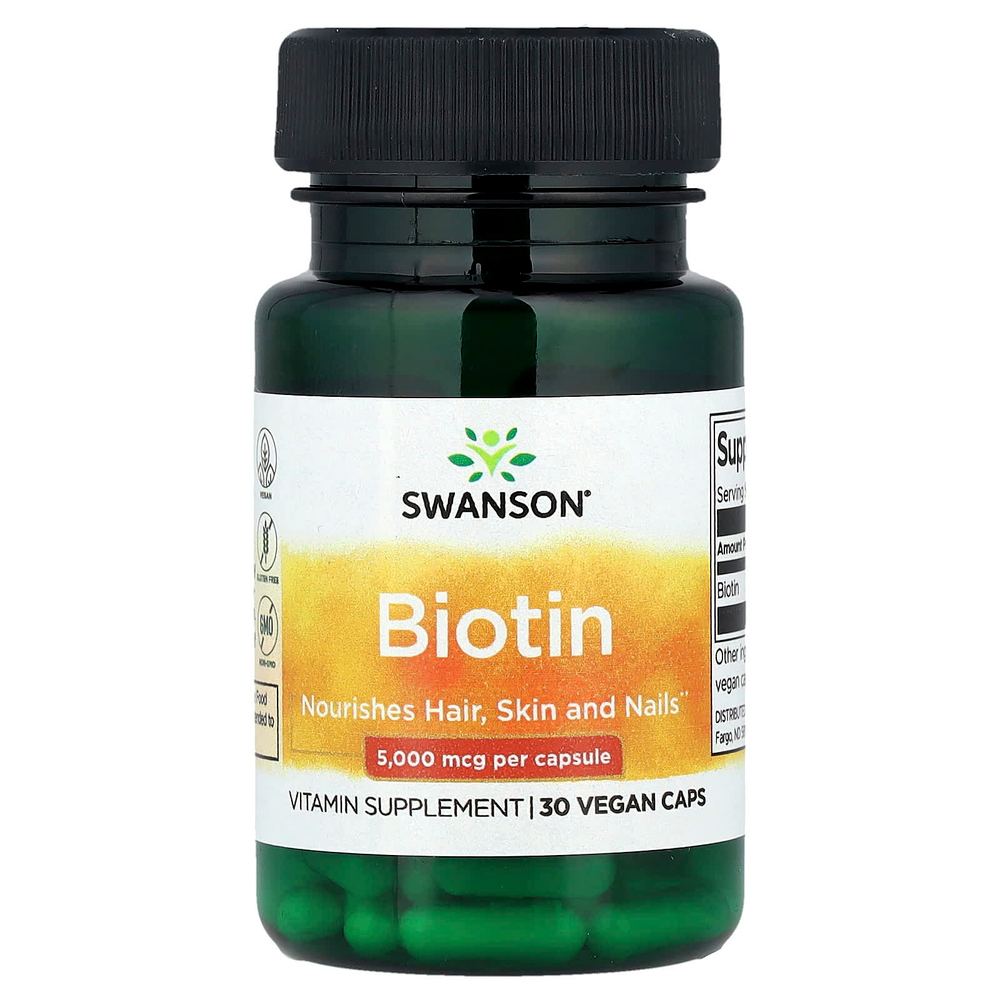 Swanson, биотин, 5000 мкг, 30 веганских капсул