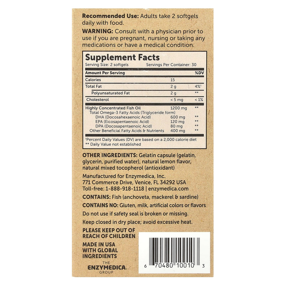 Enzymedica, Aqua Biome, омега-3, классическая сила действия, лимонный вкус, 1200 мг, 60 капсул (600 мг в 1 капсуле)
