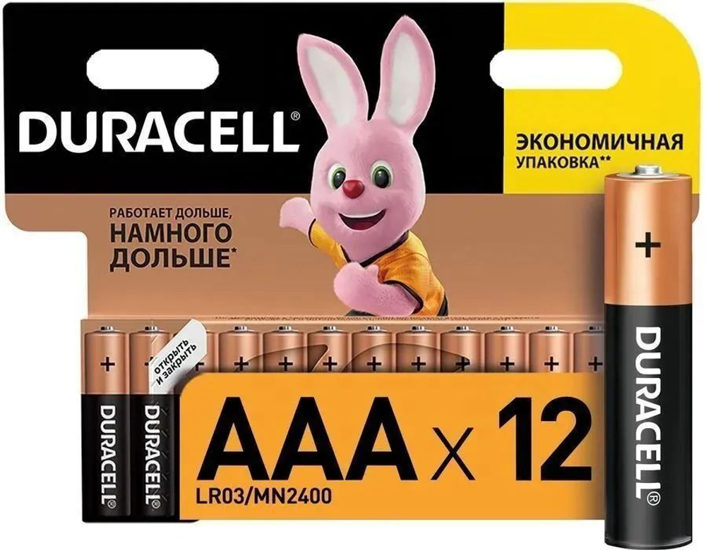 Батарейки щелочные (алкалиновые) Duracell Basic ААA LR03-MN2400, 1,5В, 12шт (мизинчиковые)