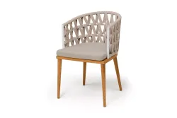 "Диего" стул плетеный из роупа, основание дуб каркас из стали белый муар, роуп бежевый круглый, ткань бежевая 052