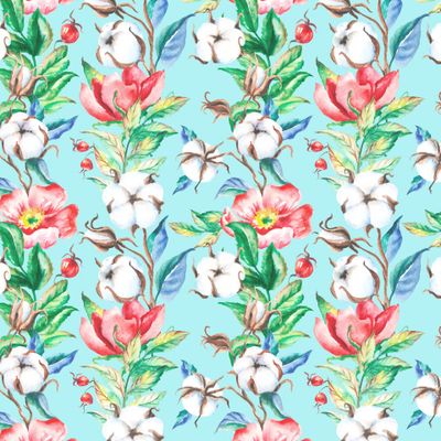 Акварельные цветы и ягоды шиповника и хлопок