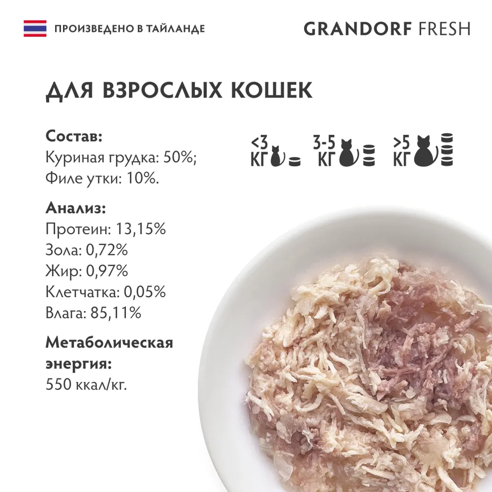 Консервы GRANDORF Fresh для кошек и котят, куриная грудка с утиным филе в желе