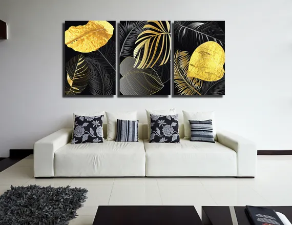Модульная картина "Тропические листья черно-золотые"