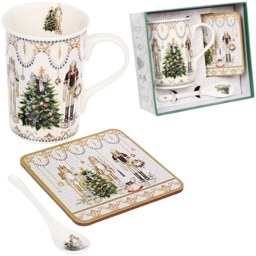 Кружка керамическая 300мл «Щелкунчик» в наборе с ложкой и подставкой, в подарочной коробке