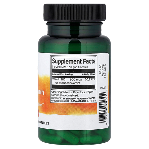 Swanson Vitamins, витамин B12, 500 мкг, 100 веганских капсул