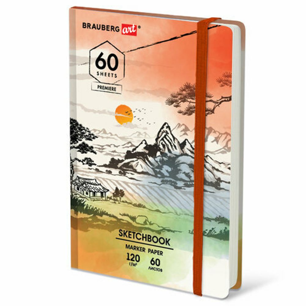 Скетчбук для маркеров 120 г/м2, 148х210 мм, 60 л., твердая обложка, резинка, BRAUBERG ART, МИКС, 115103