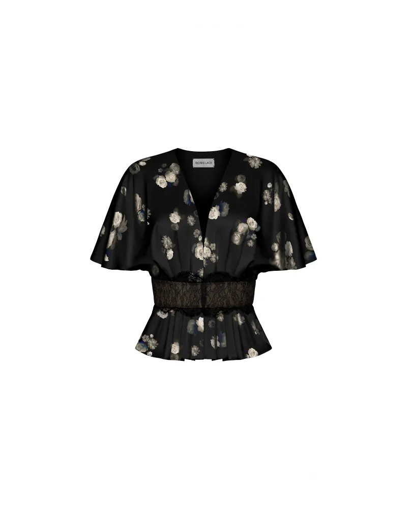 Ясмин (Yasmine), топ из черного атласа с цветочным принтом и отделкой кружевом