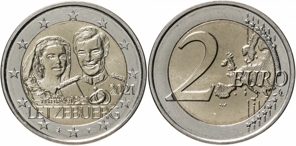 Люксембург 2 евро, 2021 40 лет бракосочетанию Великого Герцога Анри и Великой Герцогини Марии-Терезы UNC