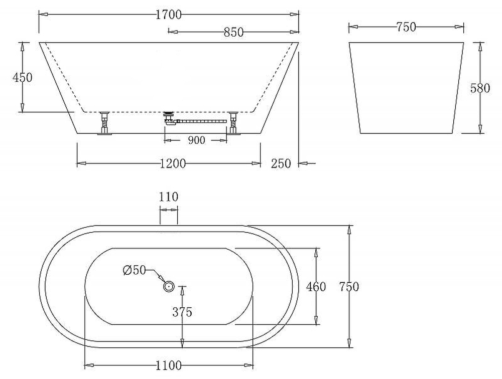 Акриловая ванна BelBagno 170x75 BB61-1700-W0 без гидромассажа