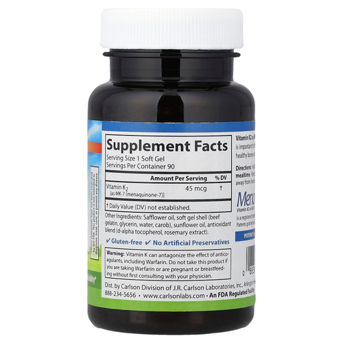 Carlson, витамин K2, 45 мкг, 90 капсул