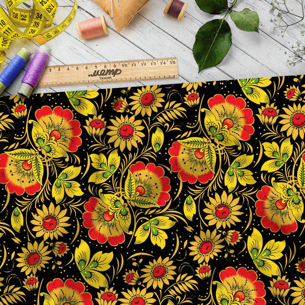 Ткань шелк Армани крупная плотная хохлома из цветов на чёрном фоне