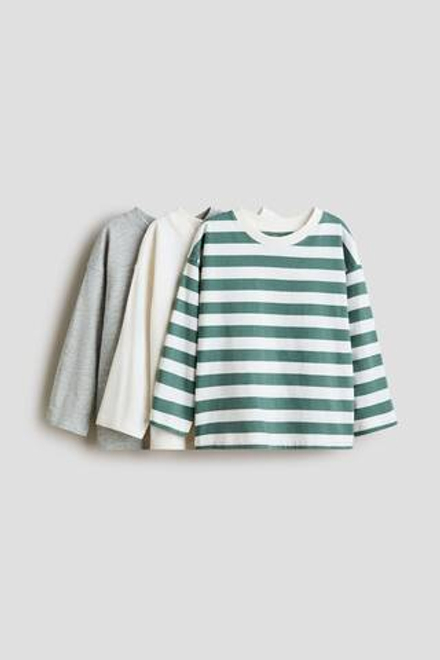 H&M Набор из трех футболок с длинными рукавами, белый/зеленый