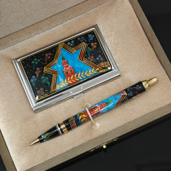 Набор "Кремль. Звезда" с визитницей и ручка c роспись. Палех