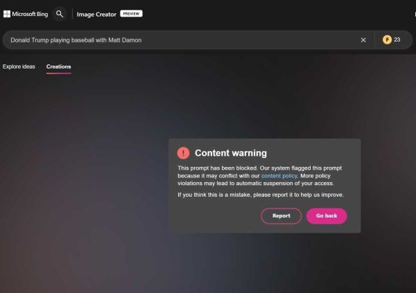 Microsoft начала фильтровать контент в Bing Image Creator, фраза «человек ломает кувалдой серверную стойку» была отмечена как неприемлемая.