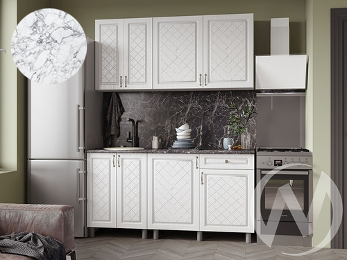 Кухня Вильма 1.6м (корпус белый/арктик; арктик) 38мм мрамор итальянский