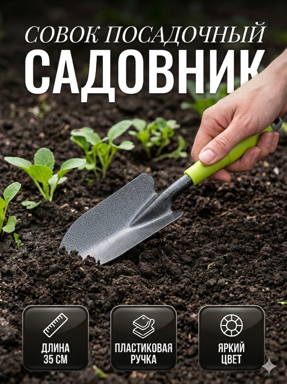 Совок посадочный «Садовник» 35см широкий, пластиковая ручка ДоброСад